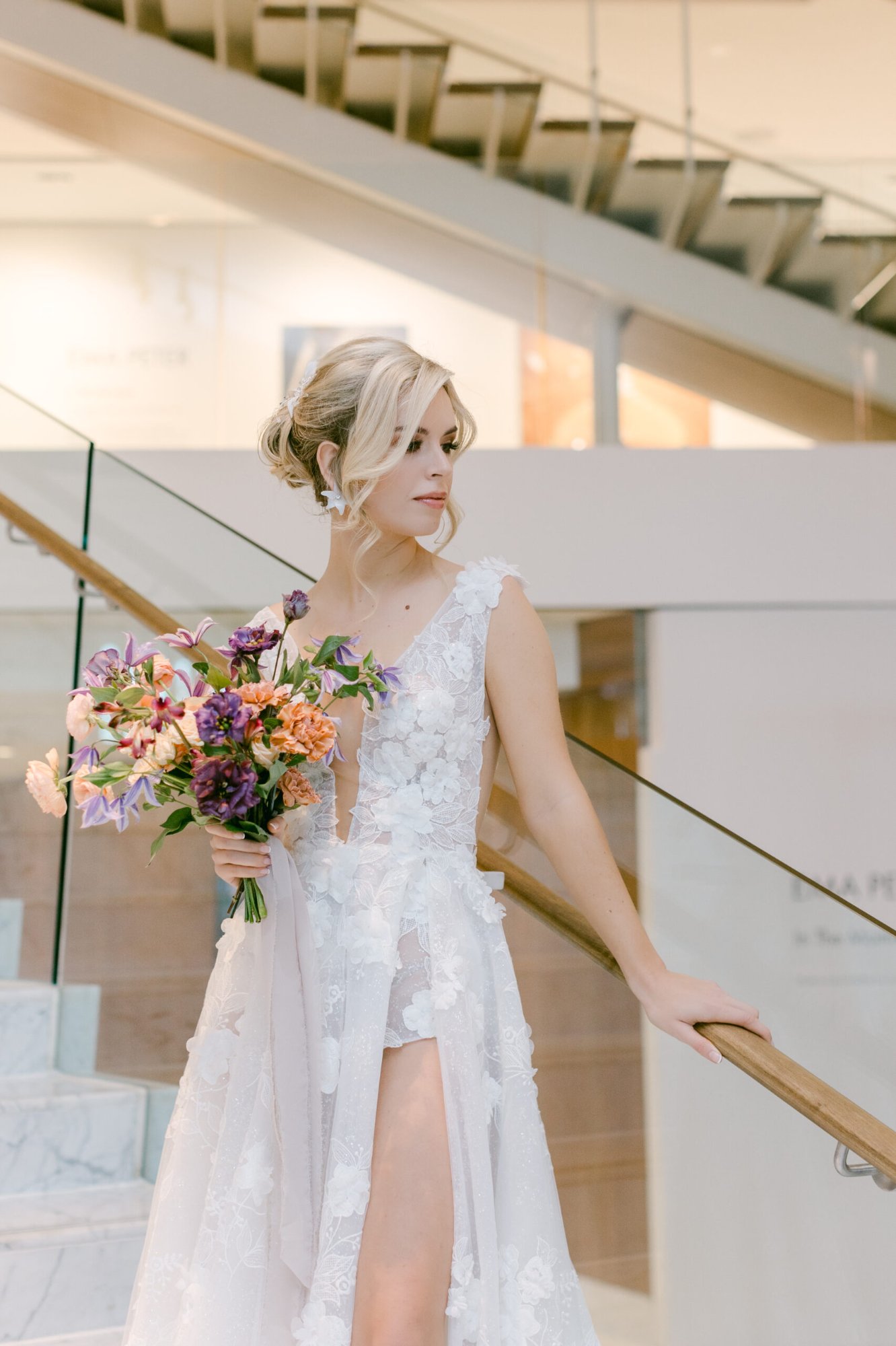 Modern bridal look with sleek styling and pearl jewelry for sophisticated bride