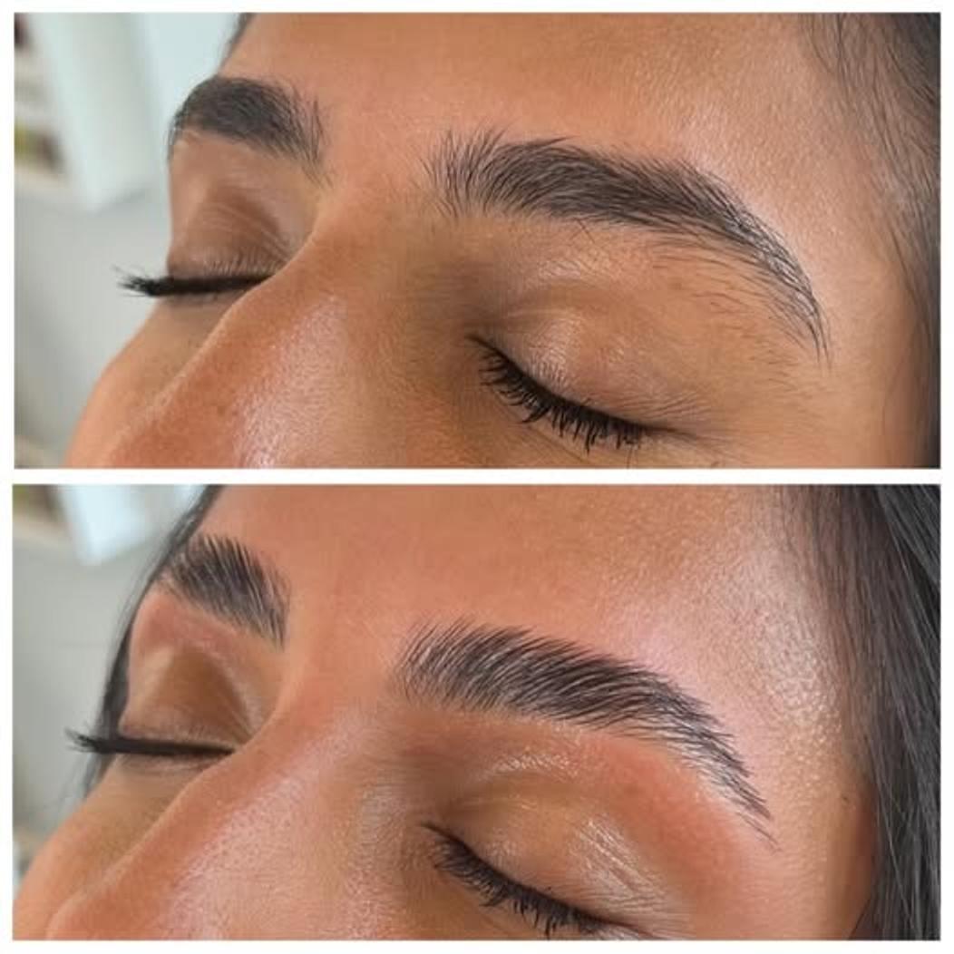 Professional eyebrow threading before and after results at Wish Dry Bar showing perfectly shaped brows